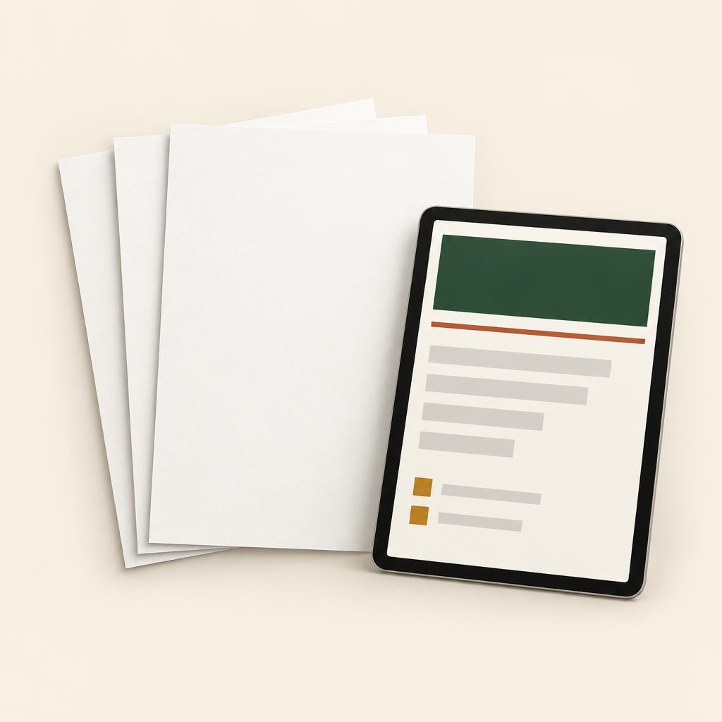 Maquette du guide numérique affiché sur une tablette à côté de pages imprimées