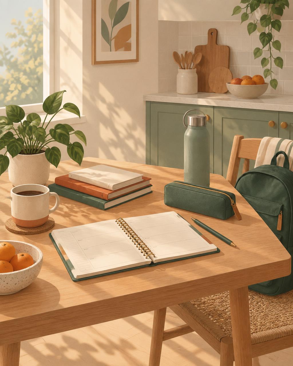 Table du matin avec un carnet ouvert, des cahiers et un sac à préparation pour la rentrée scolaire